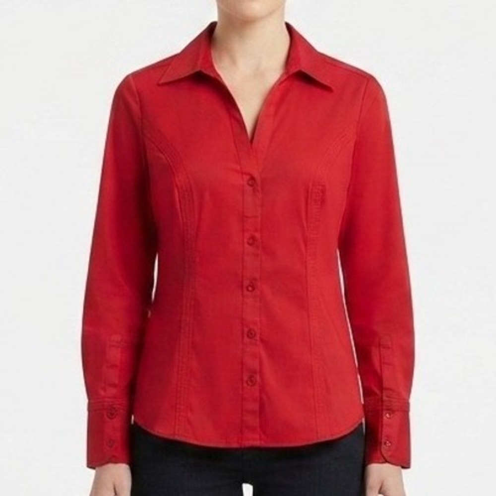 Dressbarn Button Down Shirt Womens Large Red Long Sleeve Stretch Workwear Blouse